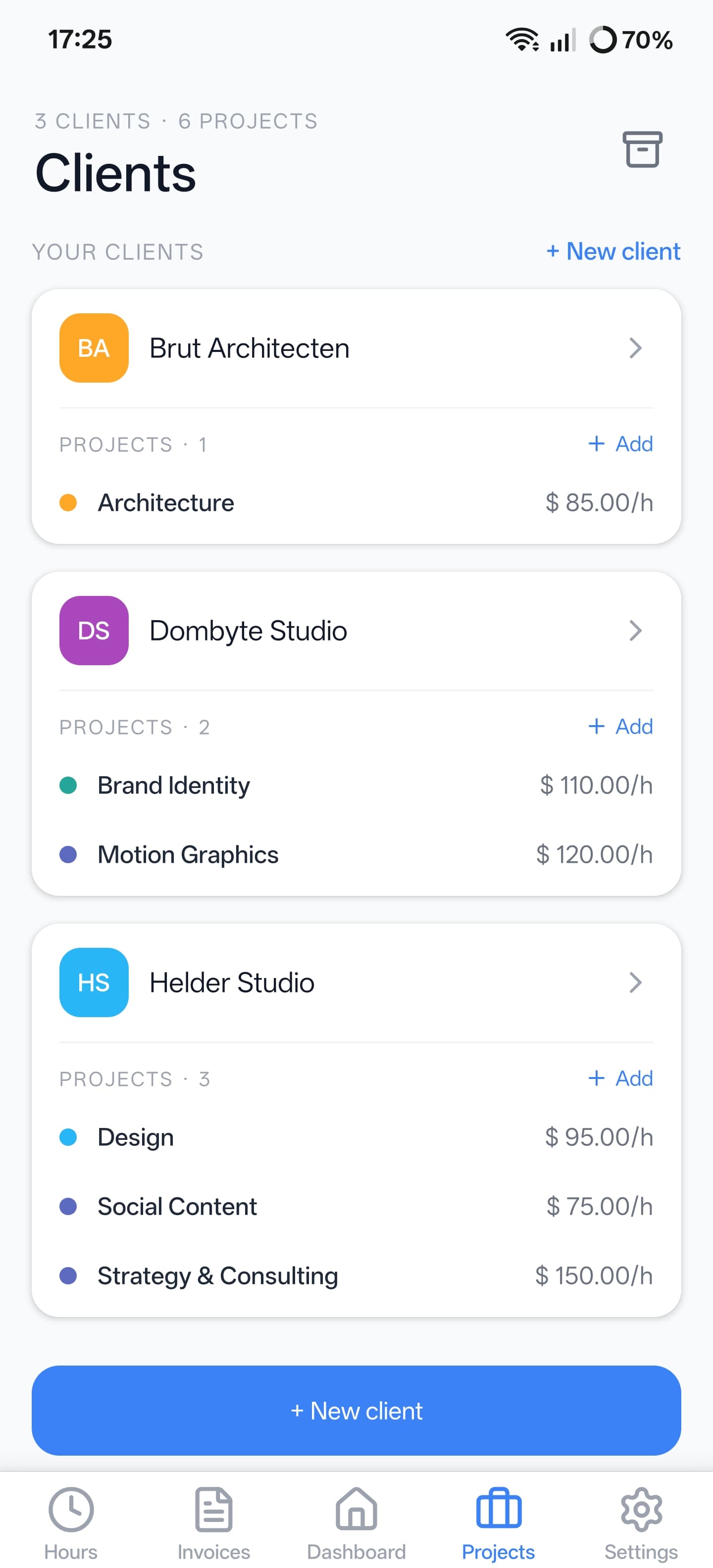 Uurly clients and projects screen