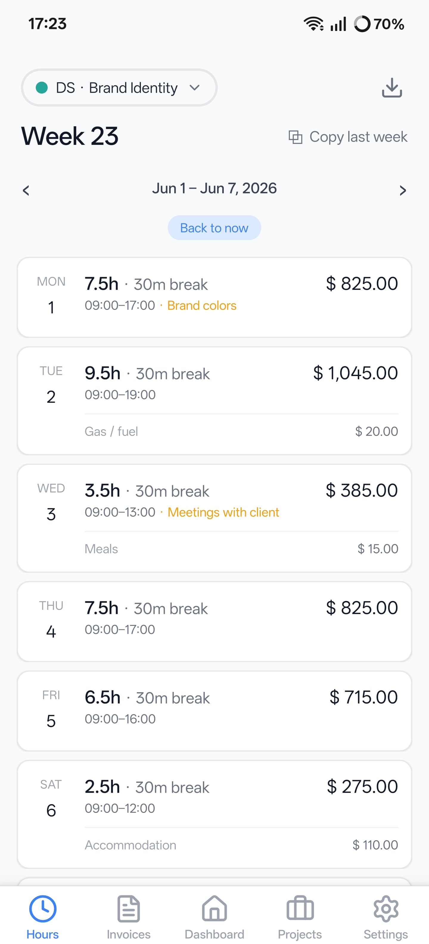 Weekly time tracking grid