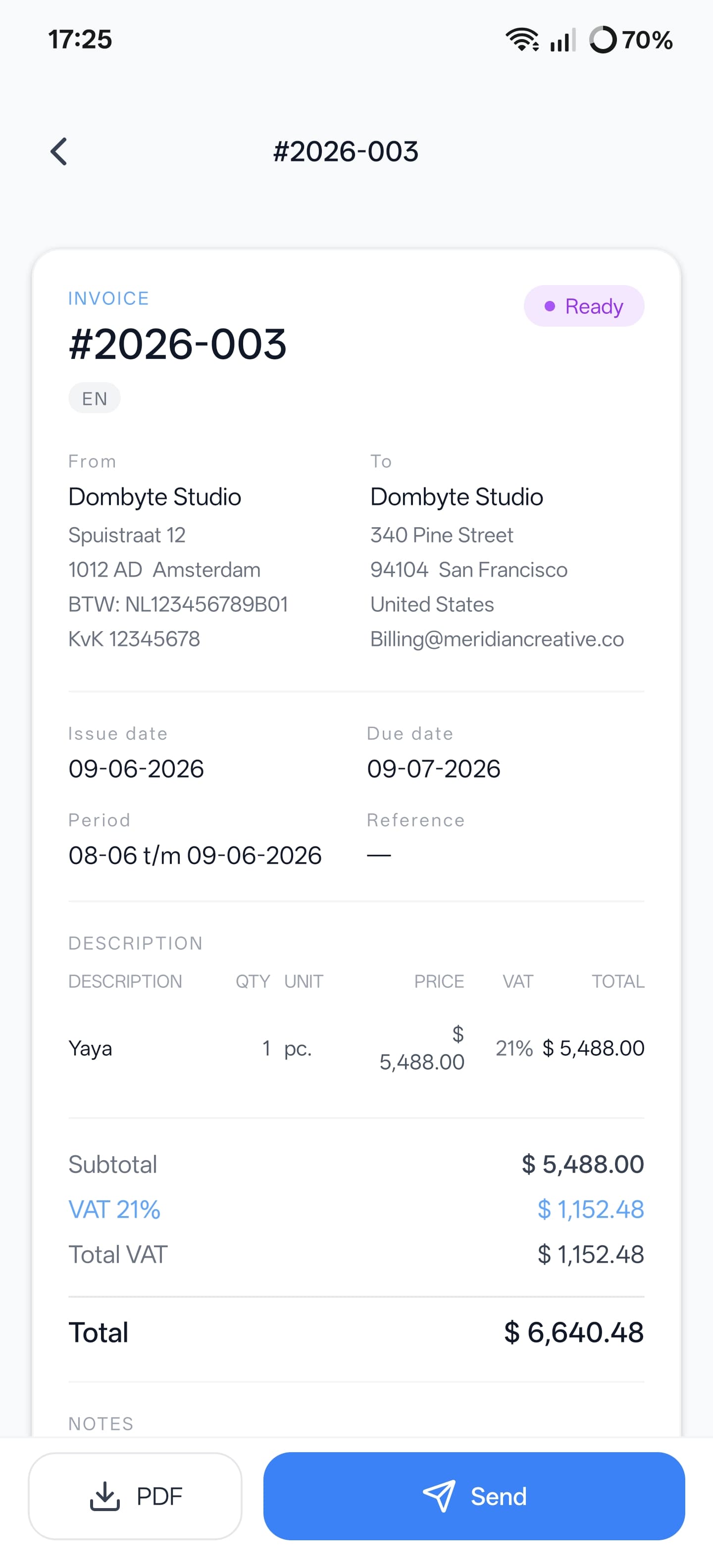Invoice ready to send or export as PDF