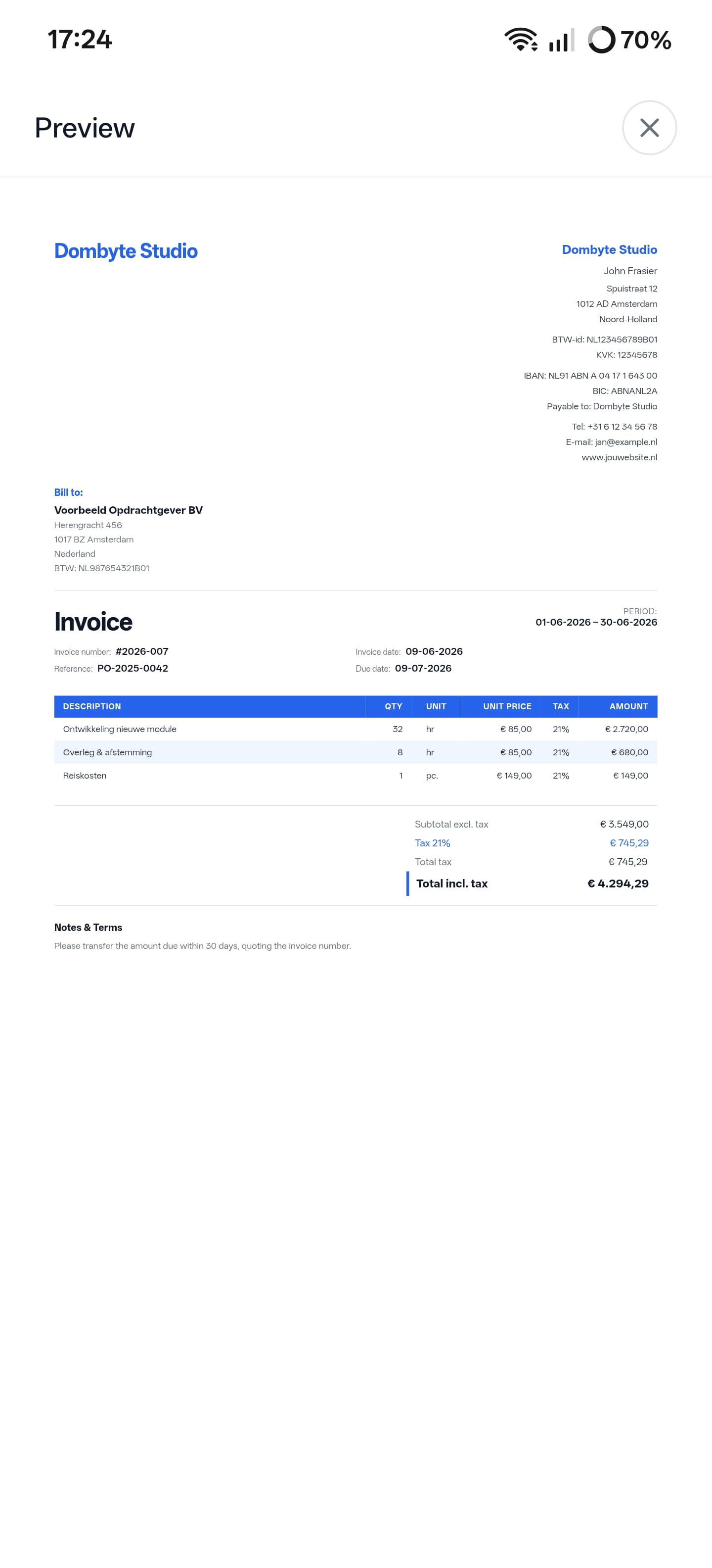 Professional invoice PDF generated by Uurly