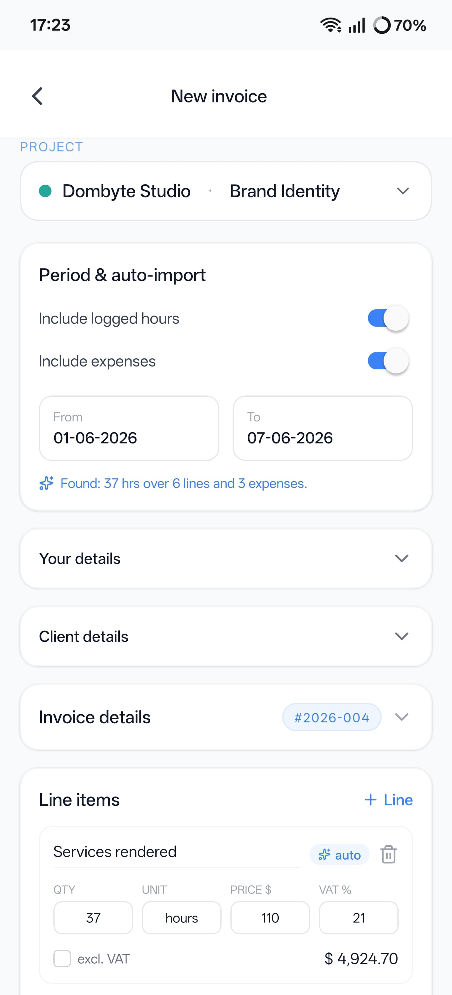 Auto-import hours into a new invoice