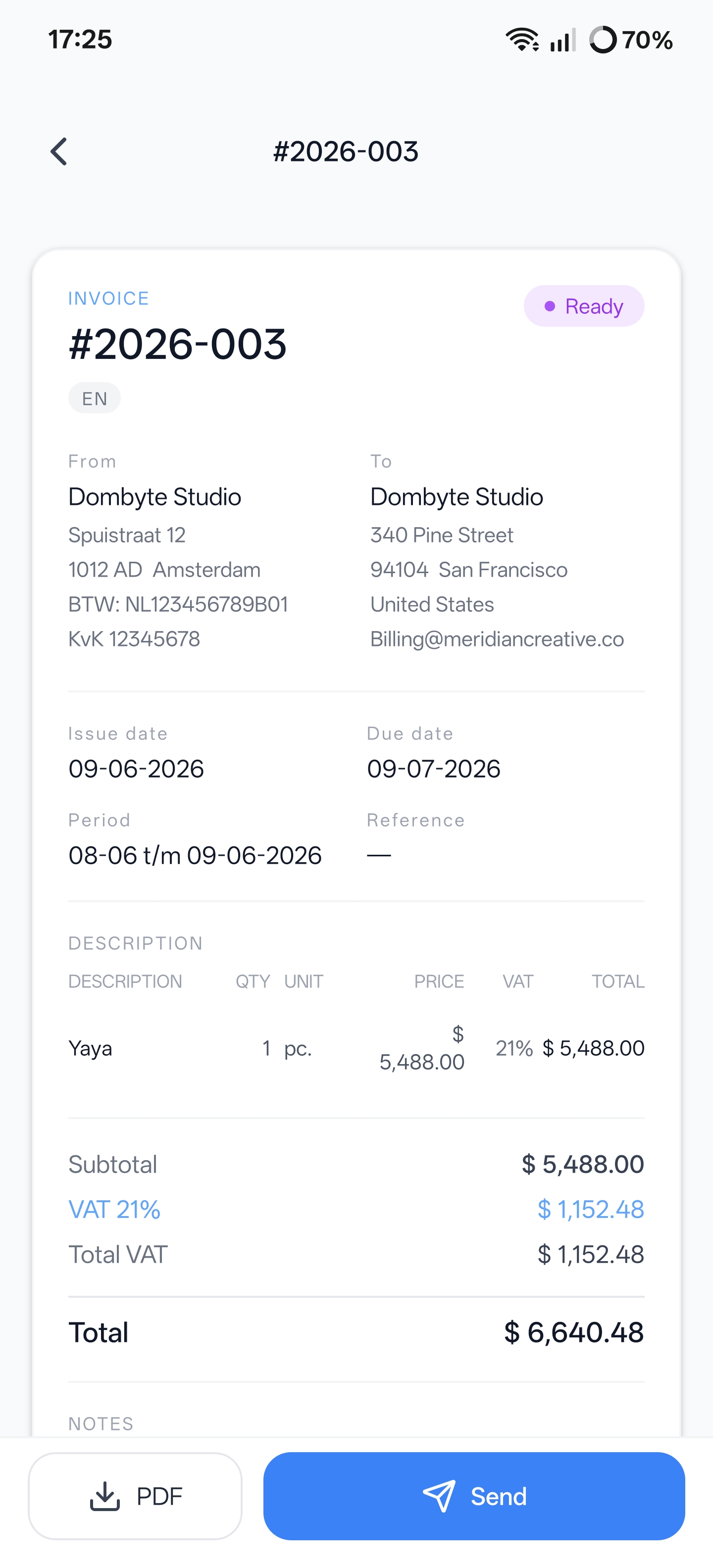 Invoice ready to send or export as PDF