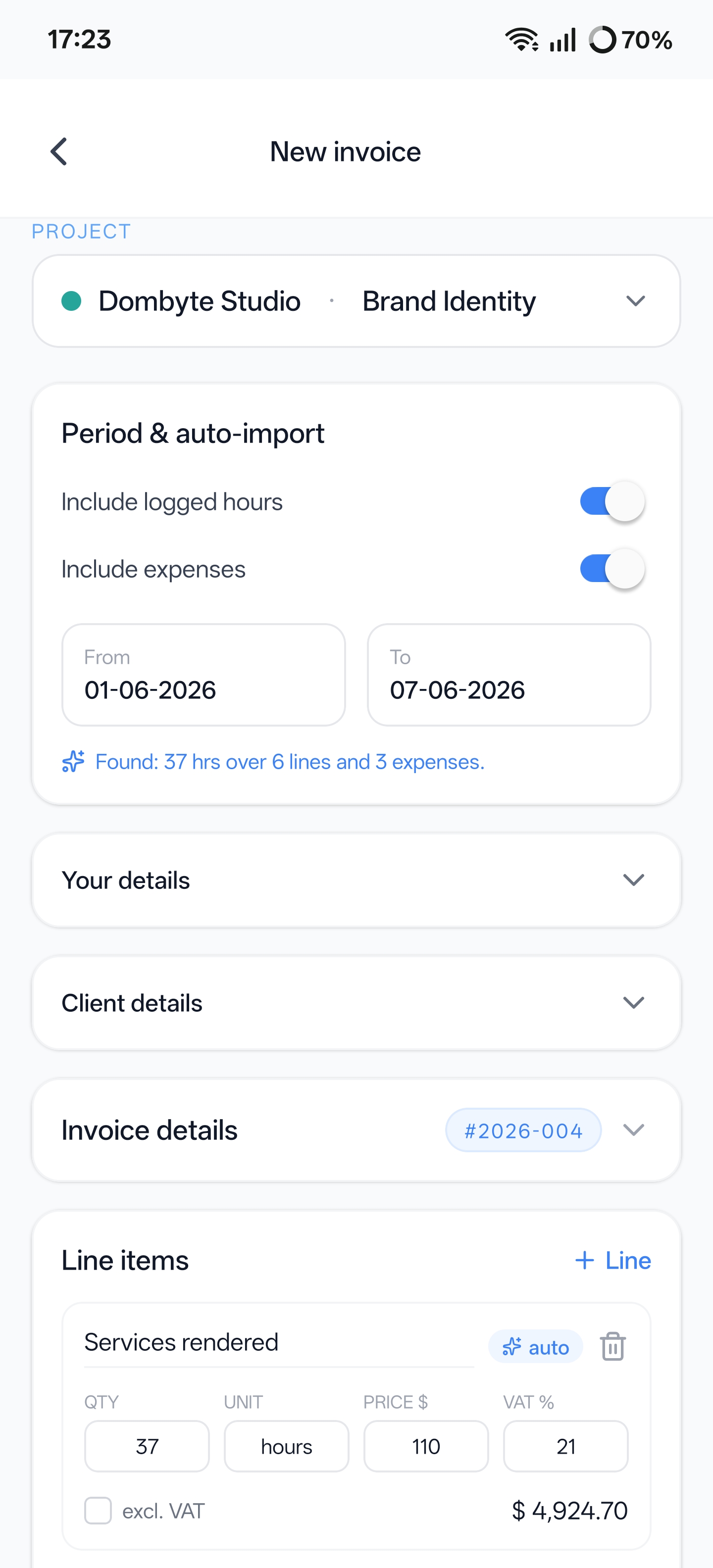 Auto-import hours into a new invoice